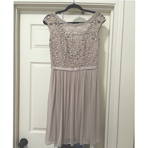 NEVER WORN!! NWOT!!David’s Bridal Tan Lace Chiffon Bridesmaids Dress - Picture 1 of 2